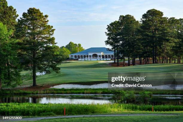 View from the tee on the par 4, 18th hole with the clubhouse behind on the Pinehurst No.8 course at The Pinehurst Resort on May 13, 2023 in...