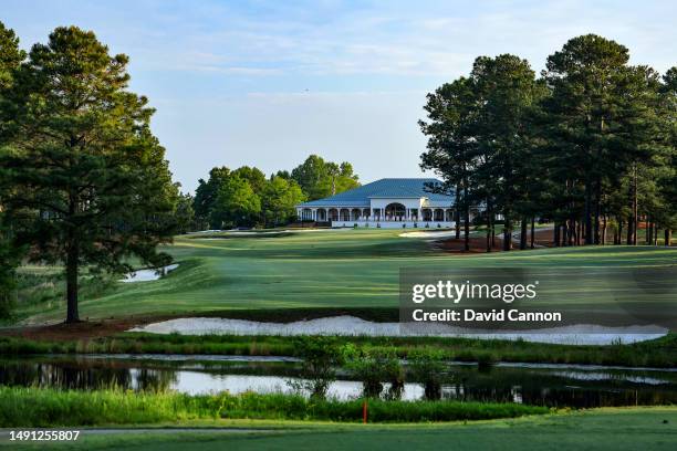 View from the tee on the par 4, 18th hole with the clubhouse behind on the Pinehurst No.8 course at The Pinehurst Resort on May 13, 2023 in...