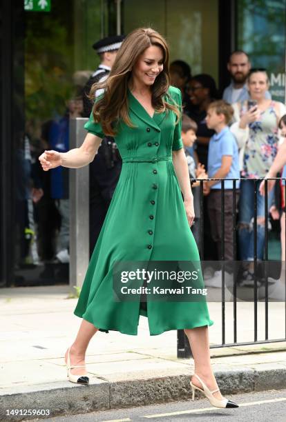 Catherine, Princess of Wales departs after visiting the home of charity Anna Freud, of which she is a patron on May 18, 2023 in London, England. The...