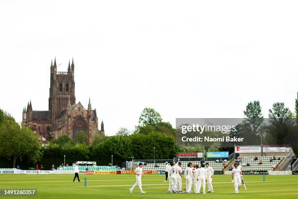 Worcestershire team celebrate as Wiaan Mulder is caught out by Brett D'Oliveira during the LV= Insurance County Championship Division 2 match between...