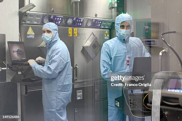 Employees work at the NSA radiopharmaceutical plant on July 08, 2011 in Aedea Rome, Italy. Nuclear Specialists Associated, Radiopharmacy,...