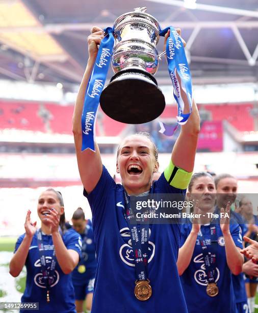 Magdalena Eriksson of Chelsea poses with the trophy following their sides victory during the Vitality Women's FA Cup Final match between Chelsea and...