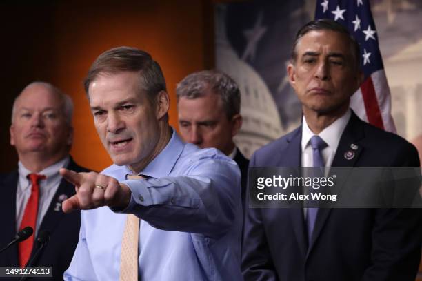 Rep. Jim Jordan speaks during a news conference on “FBI whistleblower testimony” at the U.S. Capitol on May 18, 2023 in Washington, DC. The House...