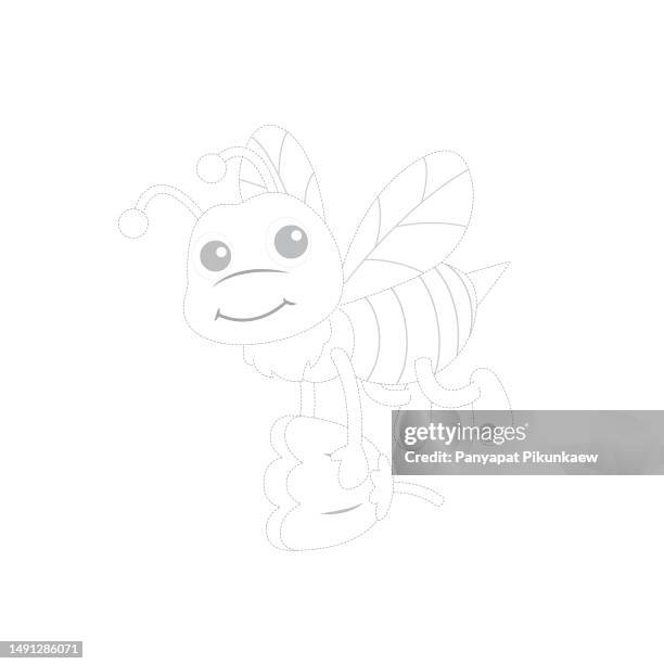 vector illustration of dotted bee holding flower pollen smiley face isolated on white background. for children coloring book. stock illustration - bumblebee white stock illustrations
