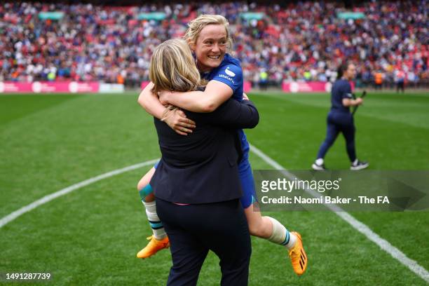 Manager Emma Hayes, celebrates her sides victory with Erin Cuthbert of Chelsea during the Vitality Women's FA Cup Final match between Chelsea and...