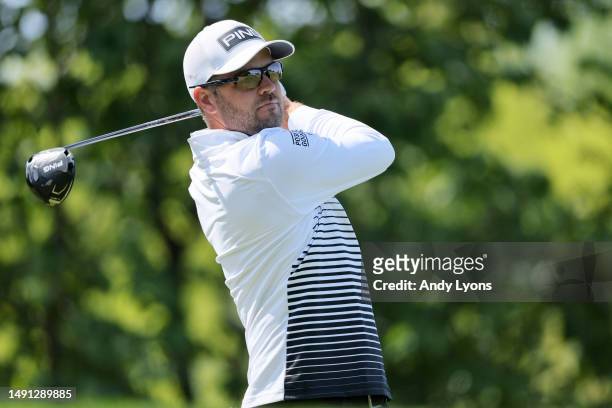 Corey Conners of Canada plays his shot from the fourth tee during the first round of the 2023 PGA Championship at Oak Hill Country Club on May 18,...