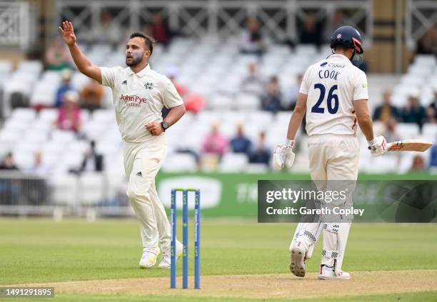 Dane Paterson of Nottinghamshire celebrates dismissing Alastair Cook of Essex during the LV= Insurance County Championship Division 1 match between...