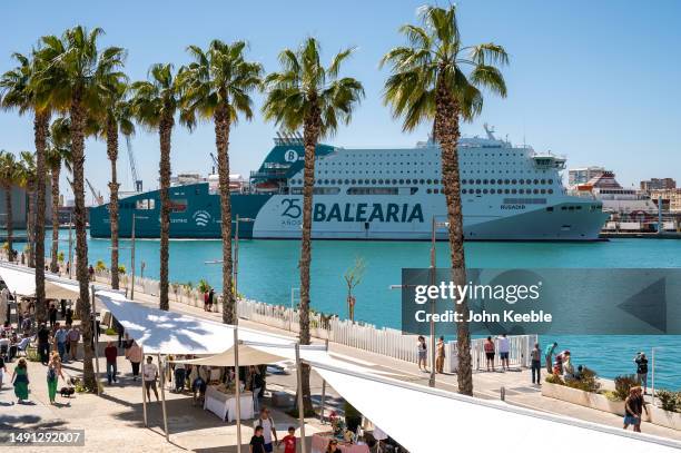 The Balearia Rusadir Electric propulsion, dual natural gas engine cruise ferry enters the Port of Malaga on April 16, 2023 in Malaga, Spain. The...