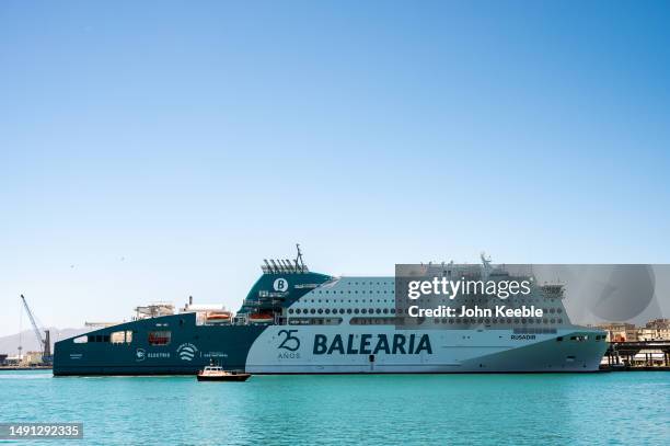 The Balearia Rusadir Electric propulsion, dual natural gas engine cruise ferry enters the Port of Malaga on April 16, 2023 in Malaga, Spain. The...