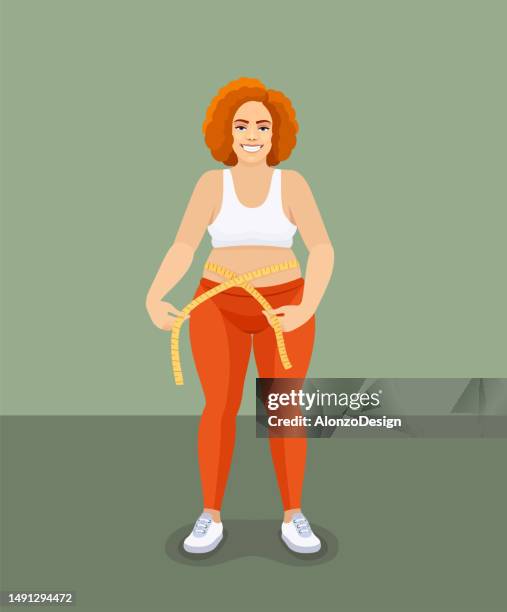 fat young woman measuring her waist. beautiful redhead woman. - happiness meter stock illustrations