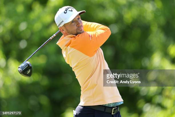 Alex Noren of Sweden plays his shot from the fourth tee during the first round of the 2023 PGA Championship at Oak Hill Country Club on May 18, 2023...
