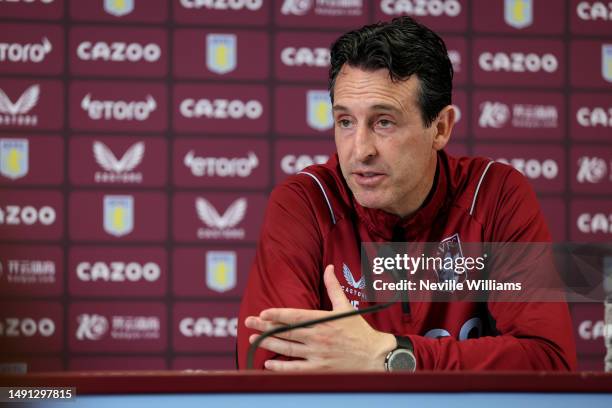 Unai Emery, head coach of Aston Villa talks to the press during a press conference at Bodymoor Heath training ground on May 18, 2023 in Birmingham,...