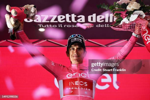 Geraint Thomas of The United Kingdom and Team INEOS Grenadiers celebrates at podium as Pink Leader Jersey winner during the 106th Giro d'Italia 2023,...