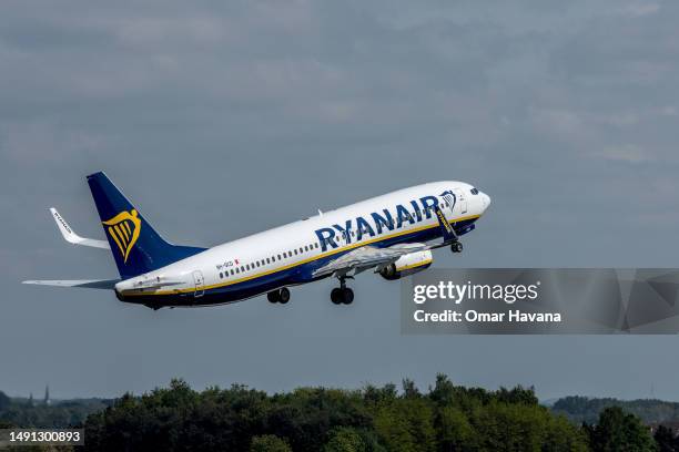 Ryanair plane bound for Rome takes off from the Belgian capital's airport on May 18, 2023 in Brussels, Belgium. Ryanair operates mainly in Belgium...