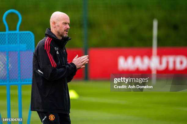 Manager Erik ten Hag of Manchester United in action during a first team training session at Carrington Training Ground on May 18, 2023 in Manchester,...