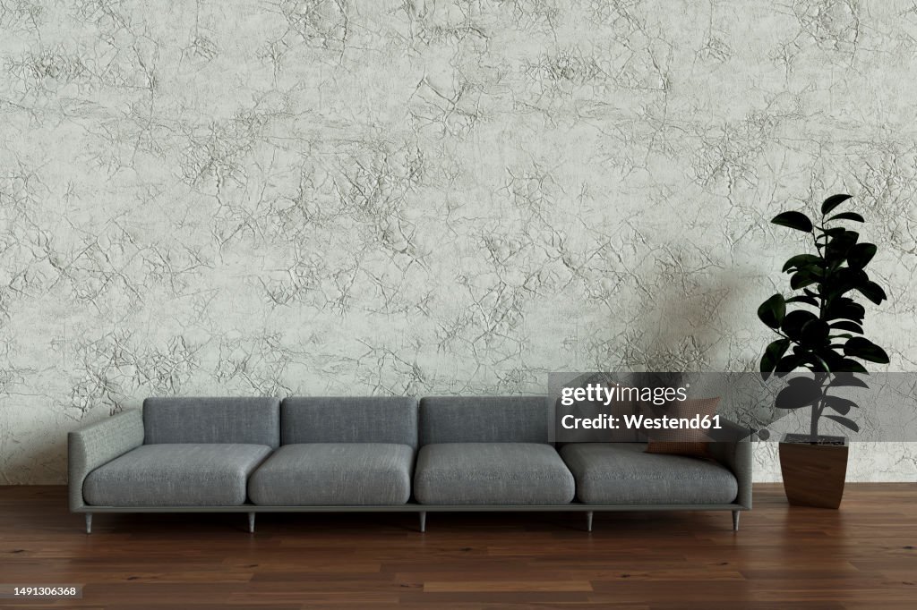 3D render of gray sofa standing on wooden floor