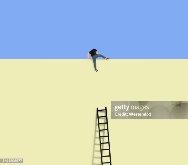 ilustraciones, imágenes clip art, dibujos animados e iconos de stock de illustration of man climbing over tall wall - boundary