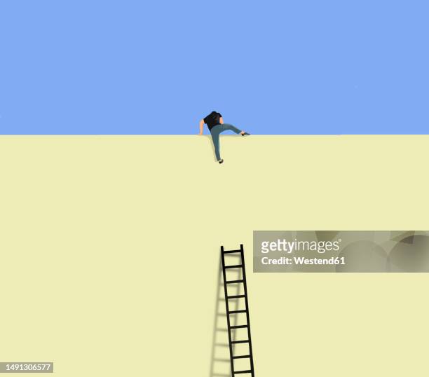 ilustrações, clipart, desenhos animados e ícones de illustration of man climbing over tall wall - tall high
