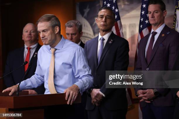 Rep. Jim Jordan speaks as Rep. Scott Fitzgerald , Rep. Kelly Armstrong , Rep. Darrell Issa , and Rep. W. Gregory Steube listen during a news...