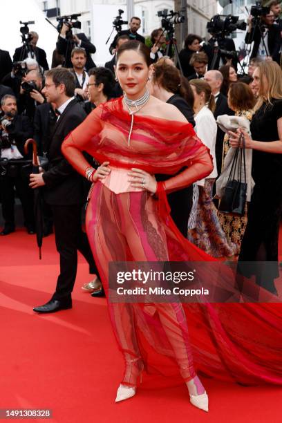 Araya Hargate attends the "Indiana Jones And The Dial Of Destiny" red carpet during the 76th annual Cannes film festival at Palais des Festivals on...