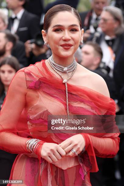 Araya Hargate attends the "Indiana Jones And The Dial Of Destiny" red carpet during the 76th annual Cannes film festival at Palais des Festivals on...