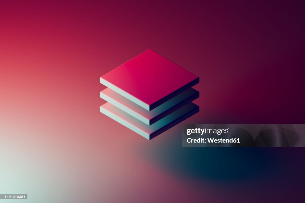 3D render of three tiles floating against red background