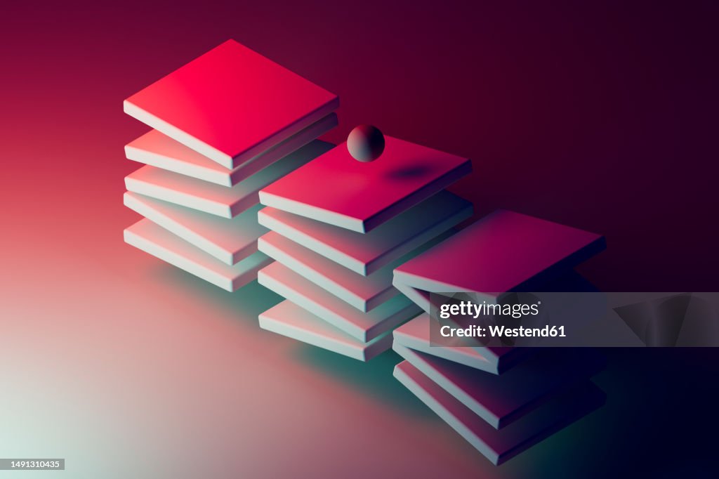 3D render of sphere and square tiles floating against red background