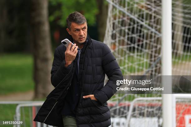 Milan Director Paolo Maldini looks on during an AC Milan training session at Milanello on May 18, 2023 in Cairate, Italy.
