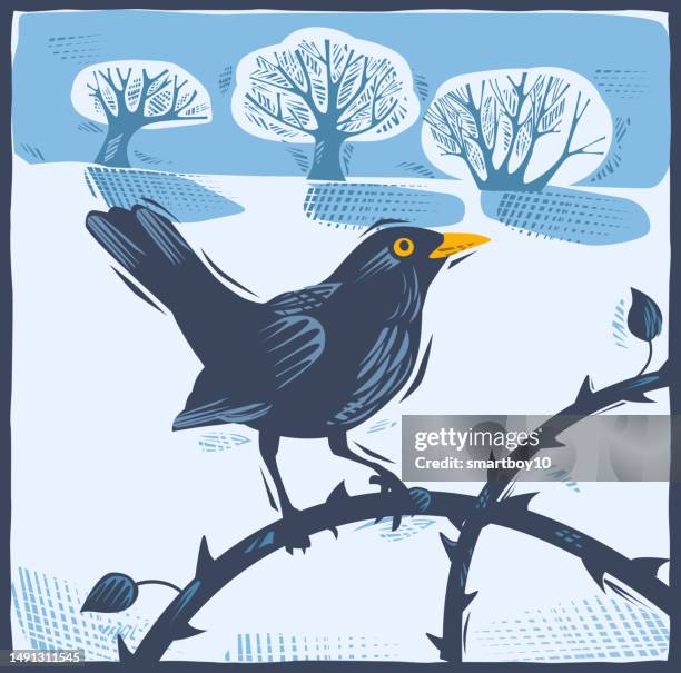 countryside scene with blackbird - linocut stock illustrations