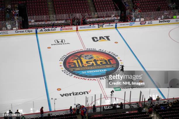The CAT in-ice logo is photographed during the NHL All-star game at the 2023 NHL All-Star Weekend at the FLA Live Arena on February 4, 2023 in Fort...