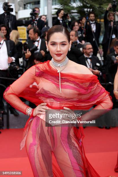 Araya Hargate attends the "Indiana Jones And The Dial Of Destiny" red carpet during the 76th annual Cannes film festival at Palais des Festivals on...