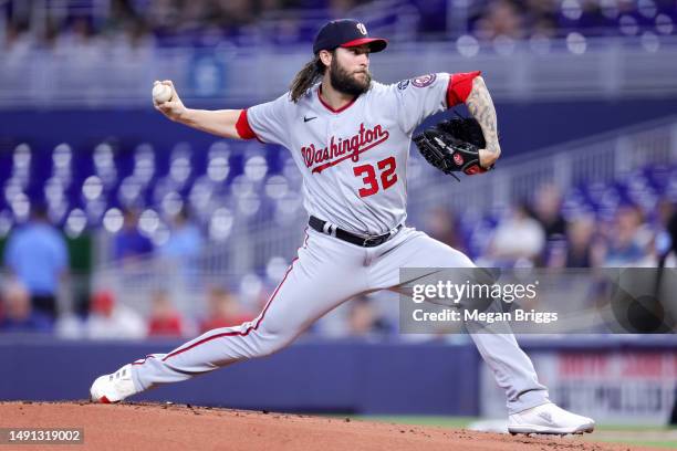 Trevor Williams of the Washington Nationals delivers a pitch against the Miami Marlins during the first inning at loanDepot park on May 18, 2023 in...