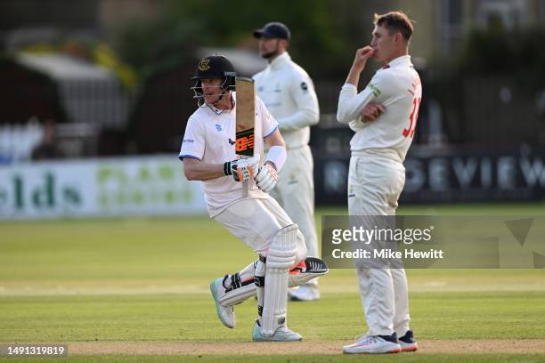 Steve Smith of Sussex hits a boundary off his fellow countryman Marnus Labuschagne of Glamorgan during the LV= Insurance County Championship Division...