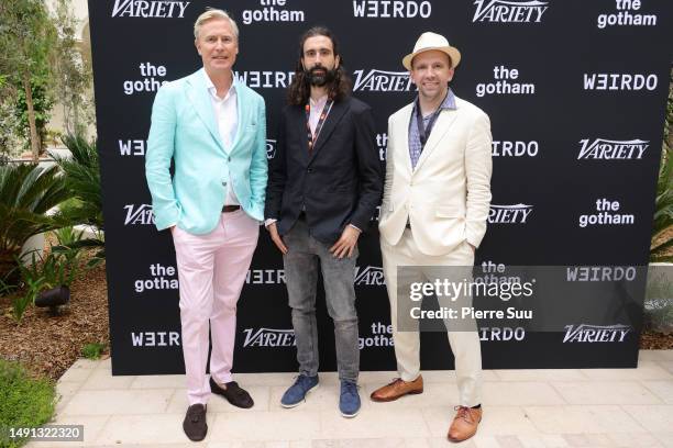 Jeff Sharp, Gabriele Capolino and Colin Whitlow attend Variety and Gotham Welcome to Cannes Party on May 18, 2023 in Cannes, France.