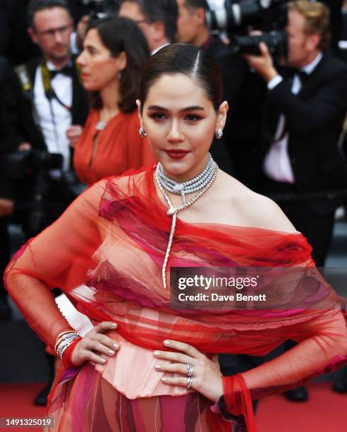 Araya Alberta Hargate attends the "Indiana Jones And The Dial Of Destiny" red carpet during the 76th annual Cannes film festival at Palais des...