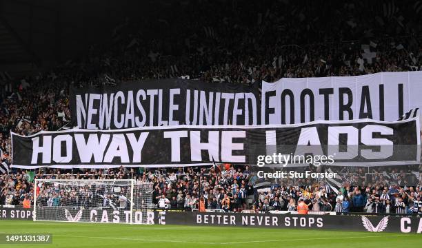 Fans of Newcastle United display a 'Howay the lads' tifo banner prior to the Premier League match between Newcastle United and Brighton & Hove Albion...