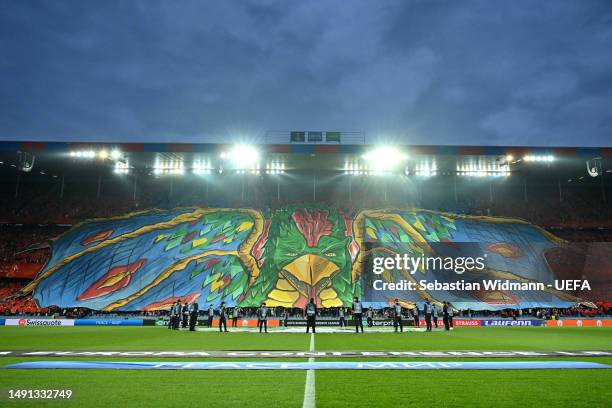 Basel fans display a tifo prior to the UEFA Europa Conference League semi-final second leg match between FC Basel and ACF Fiorentina at St. Jakob...