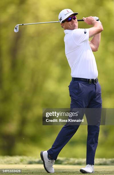 Zach Johnson of the United States plays his shot from the 15th tee during the first round of the 2023 PGA Championship at Oak Hill Country Club on...