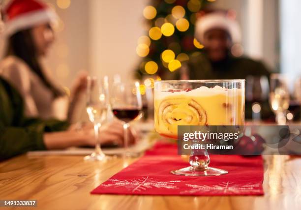 christmas dessert at friends dinner for celebration or festive holiday at home. party, food and group of people with trifle cake on dining room table - trifle stock pictures, royalty-free photos & images