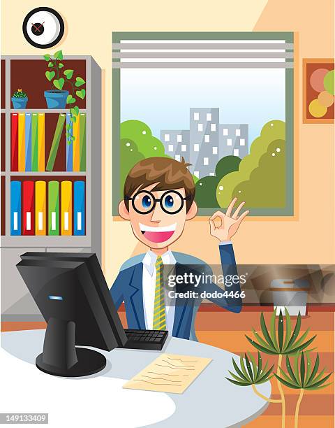 businessman & okay sign in office - windows desktop computer stock illustrations