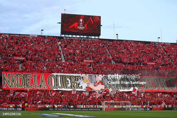 General view inside the stadium as fans of Sevilla FC display a tifo banner prior to the UEFA Europa League semi-final second leg match between...