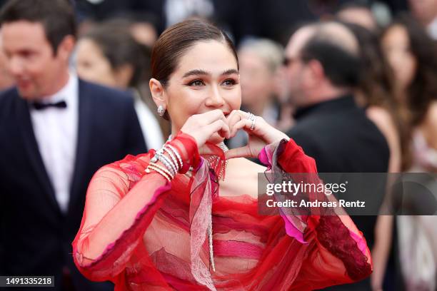 Araya Hargate attends the "Indiana Jones And The Dial Of Destiny" red carpet during the 76th annual Cannes film festival at Palais des Festivals on...