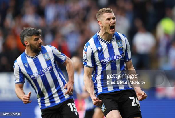 Michael Smith of Sheffield Wednesday celebrates after scoring the team's first goal from a penalty kick during the Sky Bet League One Play-Off...