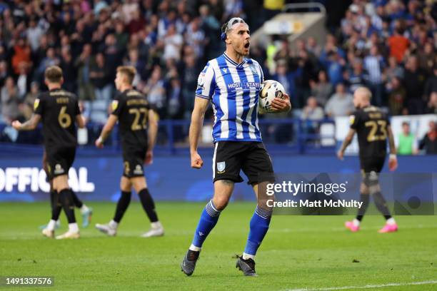 Lee Gregory of Sheffield Wednesday celebrates after scoring the team's second goal during the Sky Bet League One Play-Off Semi-Final Second Leg match...