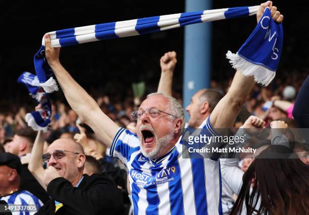Fans of Sheffield Wednesday celebrate their side's second goal scored by Lee Gregory of Sheffield Wednesday during the Sky Bet League One Play-Off...