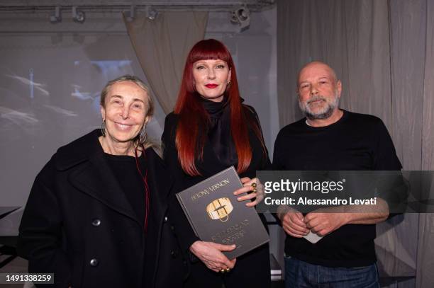 Carla Sozzani, Betony Vernon and Francois Berthoud attend the presentation of the book "Paradise Found" by Betony Vernon on May 18, 2023 in Milan,...