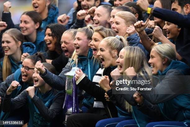 Amanda Staveley, Co-Owner of Newcastle United celebrates with the Newcastle United Women's team on the pitch at half-time following their promotion...