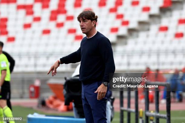 Head coach of Bari Michele Mignani gestures during Serie B match played beetween SSC Bari and Reggina 1914 at Stadio San Nicola on May 13, 2023 in...