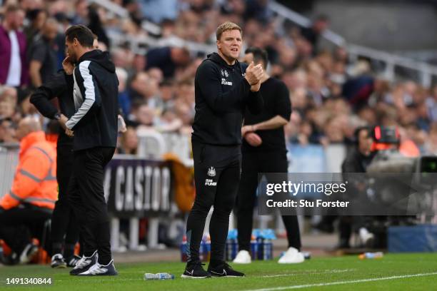 Eddie Howe, Manager of Newcastle United, reacts during the Premier League match between Newcastle United and Brighton & Hove Albion at St. James Park...