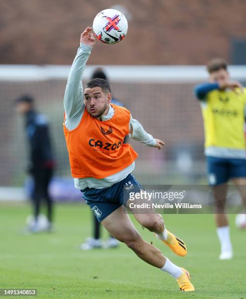 Emi Buendia of Aston Villa in action during a training session at Bodymoor Heath training ground on May 16, 2023 in Birmingham, England.